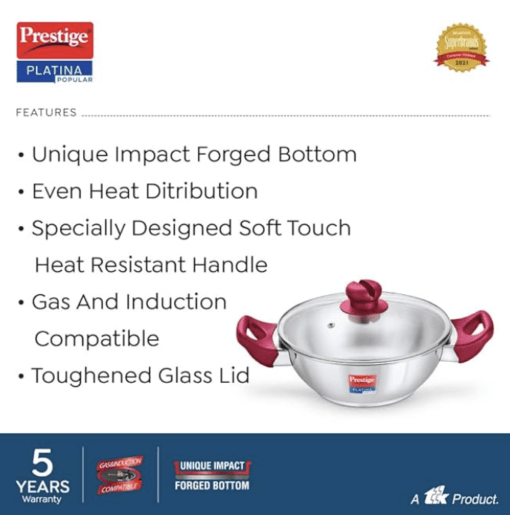 Prestige Platina Popular Stainless Steel Gas and Induction Compatible Kadhai with Glass Lid, 24 cm, Silver - Image 3